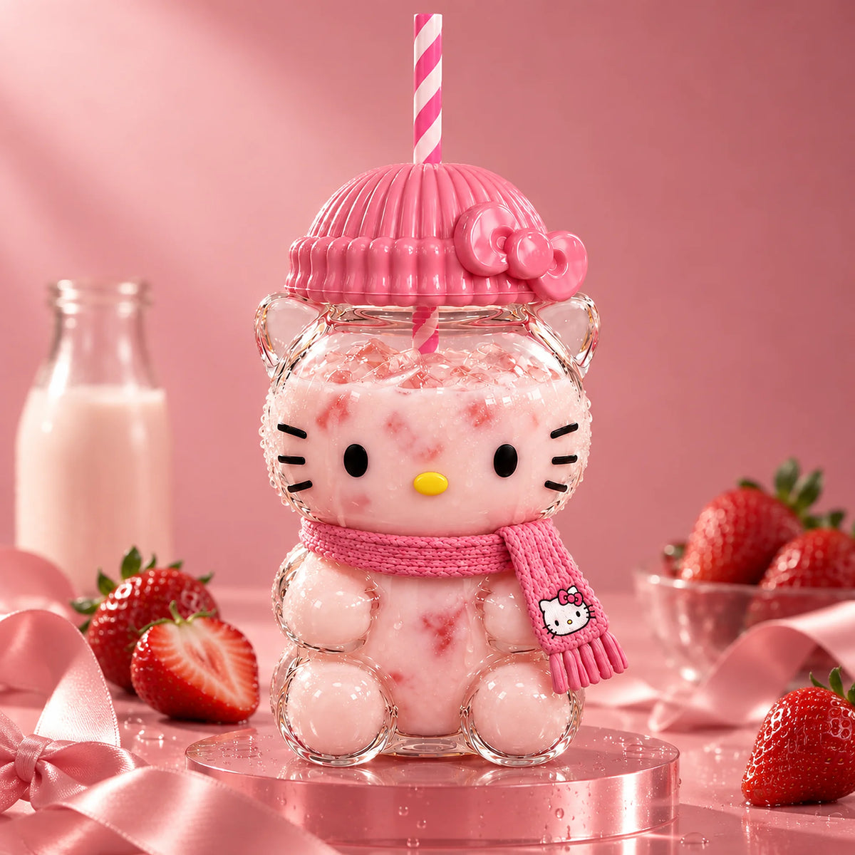Hello Kitty Glass Cup 20oz with strawberry milk