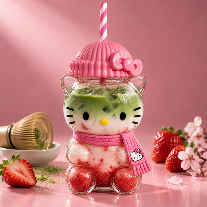 Hello Kitty Glass Cup 20oz with strawberry matcha